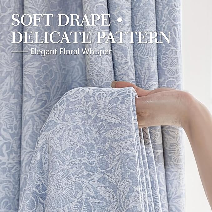 Metro Parlor Light Blue Floral Jacquard Blackout Curtains 96 Inches Long for Bedroom,Chenille Pattern Vintage Flower Curtains for Living Room Darkening Thermal Insulated Grommet Window Drapes,2 Panels
