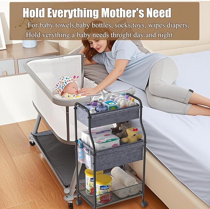 3-Tier Baby Diaper Caddy Organizer and Storage Cart, Mobile Metal Utility Cart with Rolling Wheels for Nursery Essentials with 4+2 Dividers, Large Capacity Rolling Cart For Bedroom, Bathroom, Nursery