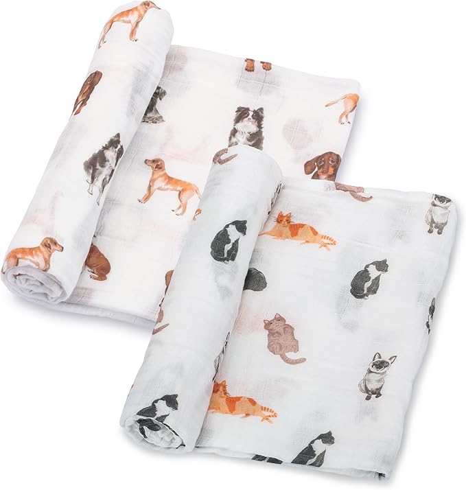 LollyBanks Muslin Swaddle Blankets 2PACK, 100% Cotton Baby Blanket 47 x 47 Inches, Large Baby Swaddle Breathable, Muslin Blankets for Boys and Girls (Cat and Dog Print)