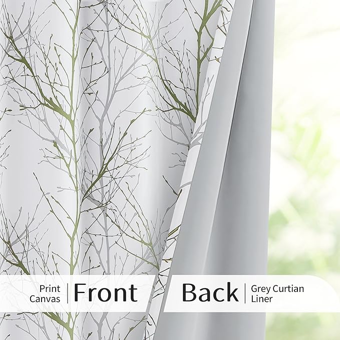 FMFUNCTEX 100% Blackout Curtains Sage Green Tree Liner Curtains for Bedroom, Branch Partterned Curtains 84 inch Length for Living Room, Room Darkening Thermal Insulated Drapes, Grommet Top 2 Panels