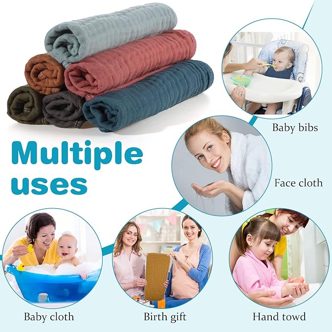 Hicarer 6 Count Muslin Burp Cloths Cotton Baby Burping Rags Large 20 x 10 Inch 6 Layers Spit up Rags Soft Absorbent Multicolor Wash Cloths Diapers for Newborn Baby Girl Boy(Elegant Colors Series)