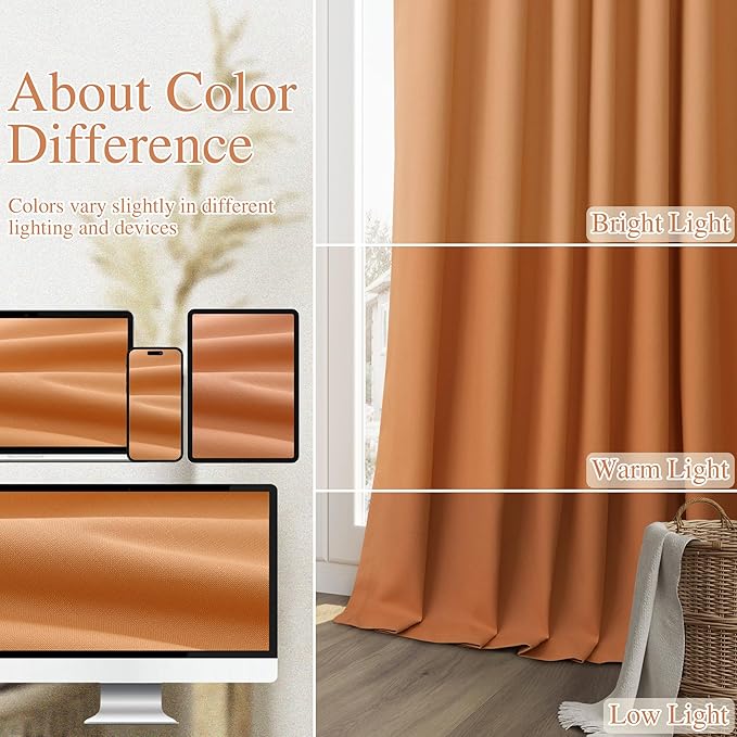 Guken Orange 100% Blackout Curtains 108 Inch Length 2 Panels Set for Living Room Bedroom Back Tab Thermal Insulated Black Out Linen Drapes Room Darkening Window Curtains 52x108