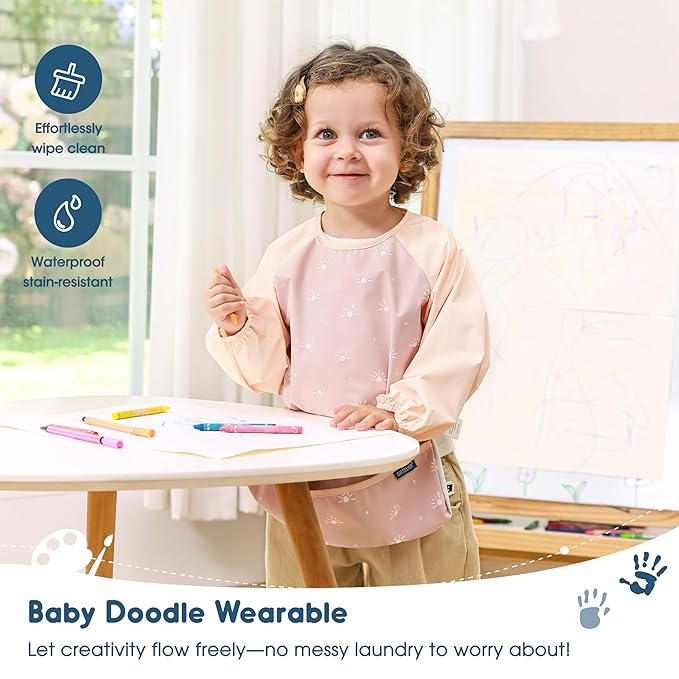 GRSSDER 2 Pack Long Sleeve Baby Feeding Bibs, Super Soft Lightweight Waterproof Coverall Baby Led Weaning Bib with Large Food Catcher Pocket, Adjustable and Easy Clean for 6-30 Months
