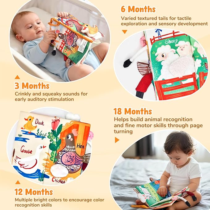 JoyCat Baby Books 0-6-12 Months - Farm Tail Tummy Time Toys - Sensory Touch & Feel Crinkle Cloth Book with Detachable Duck - Newborn Valentine Easter Basket Stuffers