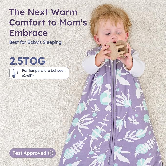 Unnivoll Baby Sleep Sack 6-12 Months TOG 2.5 Winter Baby Wearable Blanket, 100% Cotton Toddler Sleeping Sack with 2-Way Zipper Warm Soft Purple Leaf