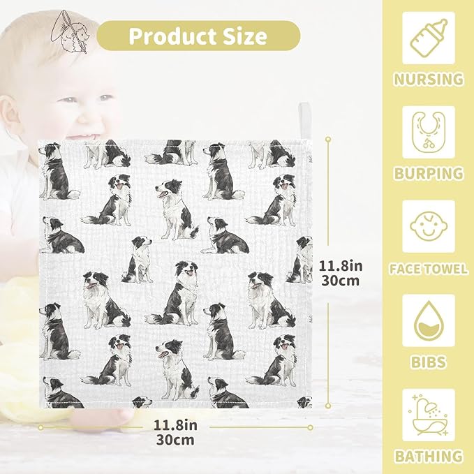 vvfelixl Border Collies Poses Baby Burp Cloths Baby Muslin Washcloths for Boys Girls Cotton Babys Face Towel for Newborn Infants Soft and Absorbent 11.8 X 11.8 in, 5 Pack