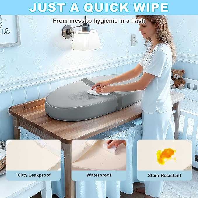 Baby Diaper Changing Pad, Wipeable Baby Changing Pad for Dresser, Contoured Waterproof Changing Pad with PU Cover, Non-Slip Safety Belt & Bottom, Portable, Lightweight