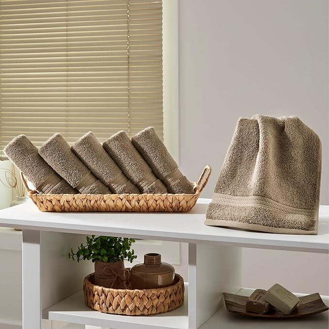 Ozdilek 6-Piece Washcloth Set 13x13 100% Turkish Cotton, 600 GSM, Soft, Gentle on Sensitive Skin, Multi-Purpose Use, Washable, Reusable, Ideal for Baby Care & Spa 6 Towels (Light Brown)