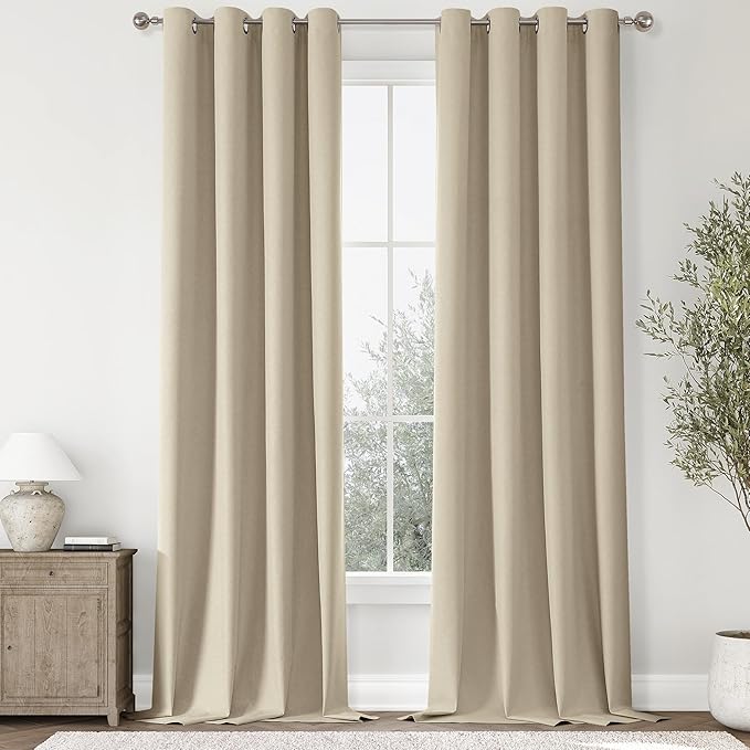 ChrisDowa 100% Blackout Natural Solid Solid Curtains 108 Inches Long 2 Panels for Bedroom Living Room,Farmhouse Room Darkening Thermal Insulated Soundproof Grommet Top Window Treatment Drapes,52x108