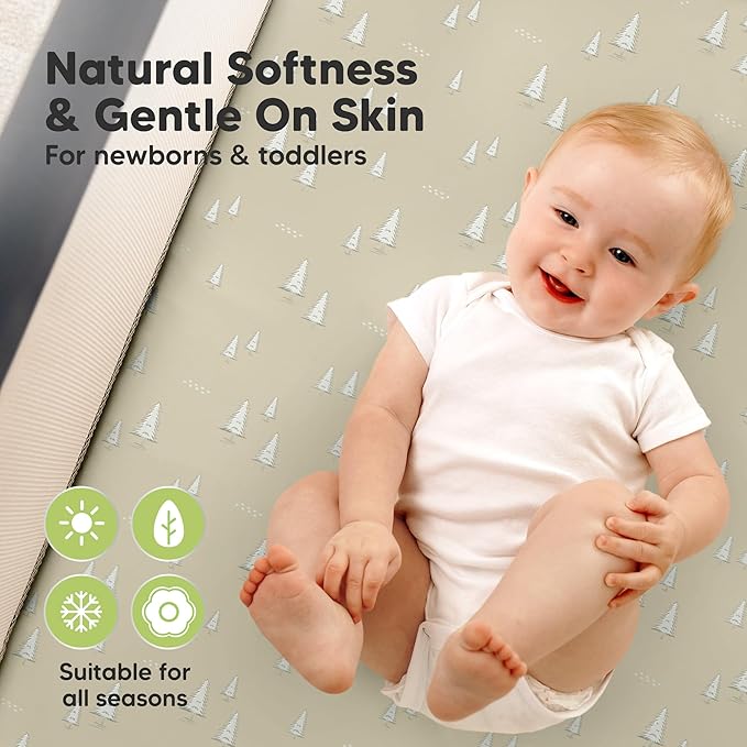 2 Pack and Play Sheets, Waterproof Mini Crib Sheets Fitted - 38x26 Organic Cotton Pack N Play Sheets for Graco Pack and Play Mattress, Playard Baby Crib Sheets,Neutral for Boy,Girl,Toddler(Pine Grove)