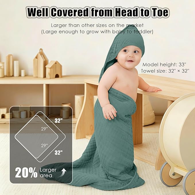 Sunny zzzZZ Muslin Hooded Baby Bath Towels - 3 Pack 100% Cotton Soft Low-Saturation Pastel Towels Including Classic White for Newborns, Infants, Toddlers - 32x32 Inch - Deep Emerald and White