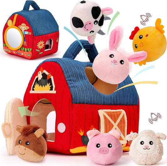 hahaland Baby Toys 6-12 Months - Surprise Barn Stuffed Farm Animals, Rattle, Crinkle, Mirror, Montessori Toys for 6 Month Old Sensory Balls 1-3 Plush Baby Valentines Day Gifts Easter Basket Stuffers