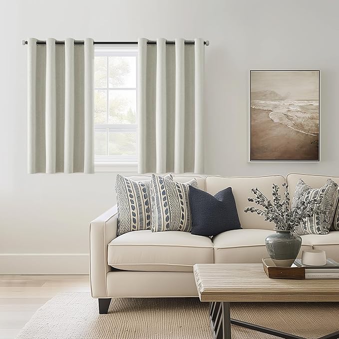 ChrisDowa 100% Blackout Greyish Beige Solid Curtains 45 Inches Long 2 Panels for Bedroom Living Room,Farmhouse Room Darkening Thermal Insulated Soundproof Grommet Top Window Treatment Drapes,52x45
