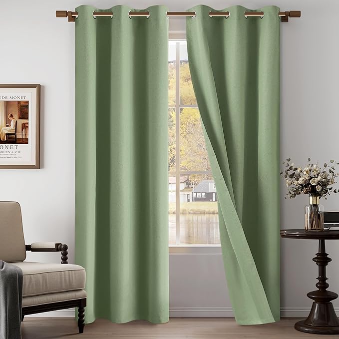 Light Weight Curtains 100% Blackout Linen Textured Curtains 96 Inch Length for Living Room, Bedroom, Full Blackout Curtains with Grommets Top, Green, 37" W x 96" L, 2 Panels