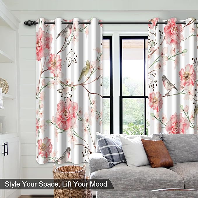 Birds and Pink Floral Soundproof Blackout Curtains for Girls Room and Nursery, Blackout Curtains for Bedroom 63 Inches Long, Light Filtering Thermal Insulated Black Out Privacy Curtains 2 Panels Set
