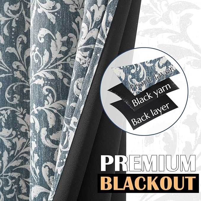 jinchan Blackout Curtains for Bedroom, Blue Scroll Floral Patterned Curtains 90 Inch Length for Living Room, Farmhouse Vintage Art Deco Drapes, Thermal Insulated Window Curtains Grommet 2 Panels