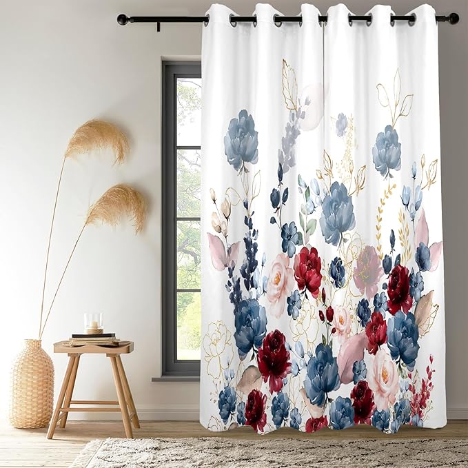 Renaiss Floral Blackout Curtains Watercolor Gray Blue and Red Peony Flower Bloossom Thermal Insulated Window Drapes for Bedroom 29W x 45L inches 2 Panel Set Window Curtains for Kitchen