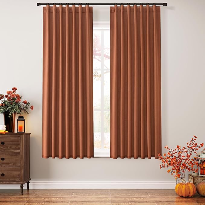 Guken Terracotta 100% Blackout Linen Curtains 63 Inch Length 2 Panels Set Fall Curtains for Living Room Bedroom Back Tab Thermal Insulated 100% Black Out Linen Drapes，52x63