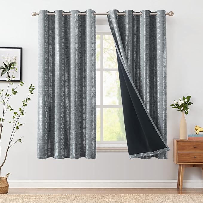 jinchan 95% Blackout Boho Curtains 63 Inch Length for Bedroom White on Grey Geometric Printed Grommet Top Room Darkening Thermal Insulated Window Drapes 2 Panels