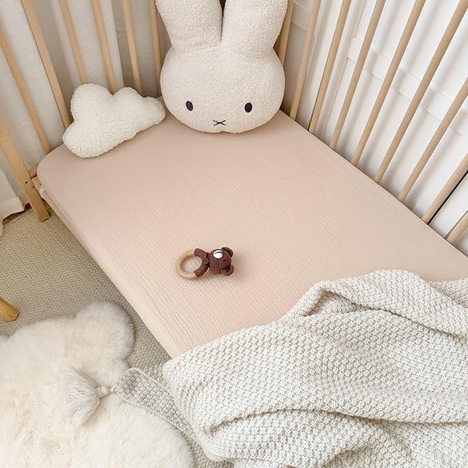 BuLuTu 2 Pack Muslin Fitted Crib Sheets 52"x28" for Standard Crib Mattress, Toddler Boys Girls 100% Cotton Baby Sheets, Soft Breathable, Machine Wash, Beige & Pink