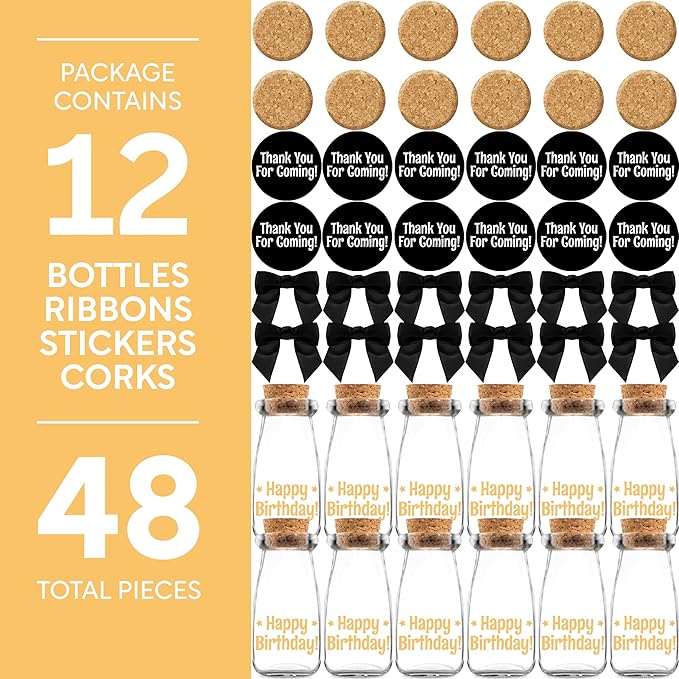 Ethisa Vintage 12 Pack Adult Birthday Party Favors Glass Bottles with Ribbons and Stickers - Classy Happy Birthday Favors and Table Centerpieces Decorations - Sturdy Candy Jar for Guests and Kids