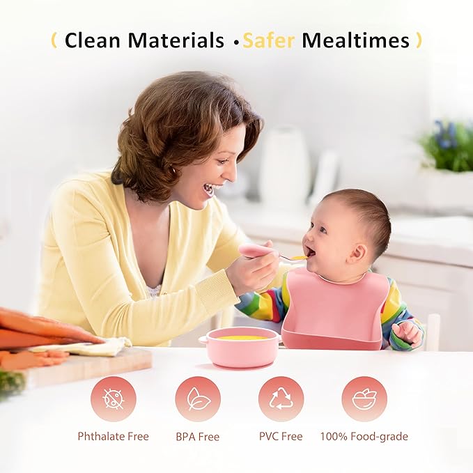 Bufims Silicone Baby Feeding Set, Baby Led Weaning Supplies, Eating Essentials Utensils with Suction Plate and Bowl, Pocket Bib, Sippy Cup with Lid, Forks Spoons Snack Container, for 6+ Months, Pink