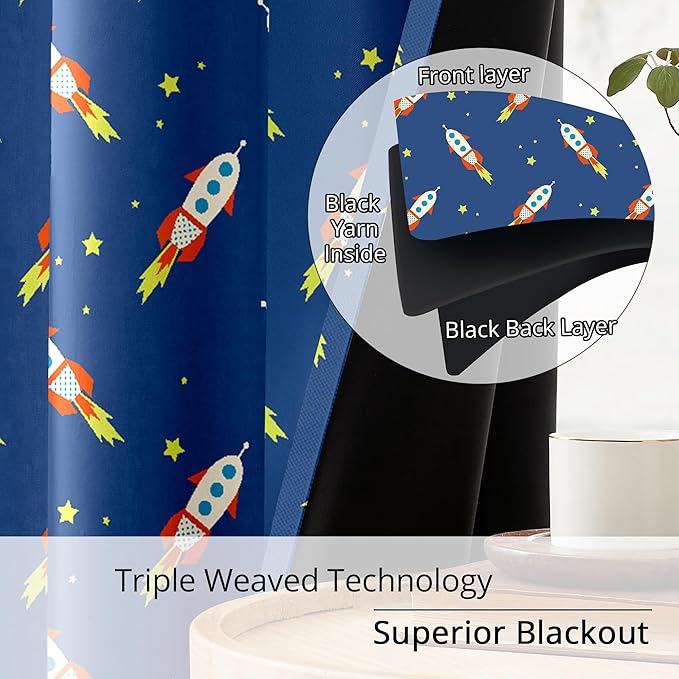 Kids Space Rocket Blackout Curtains - 100% Blackout, Thermal Insulated, Noise Reducing, Perfect for Kids Room and Nursery, 2 Panels (Rocket Blast-Off Repeat, W52×L84)