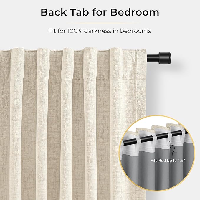 INOVADAY 100% Blackout Curtains for Bedroom, Black Out Curtains 80 Inch Long, Clip Rings Linen Blackout Drapes, Thermal Insulated Room Darkening for Living Room, 2 Panels - Cream,W50xL80