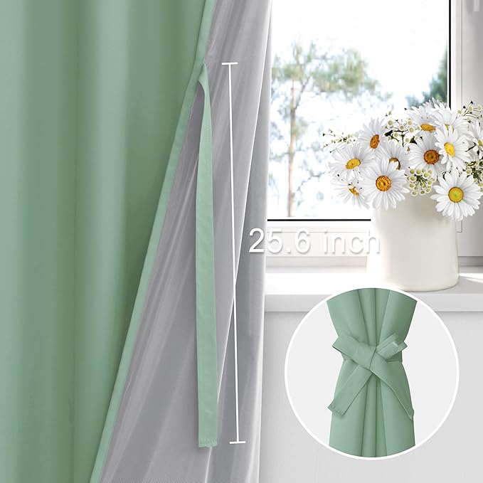 XWZO 100% Blackout Curtains - Heat and Full Light Blocking Drapes with Black Liner for Bedroom/Laundry Room, Grommet Top Window Panels with Tiebacks, Light Sage, W42 x L72, Set of 2