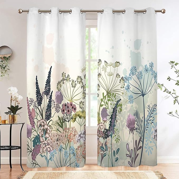 Renaiss Wildflowers Blackout Curtains Vintage Botanical Floral Plant Thermal Insulated Window Drapes for Bedroom 53W x 84L inches 2 Panel Set Window Curtain Panels for Living Room