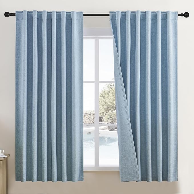 DUALIFE Blackout Linen Curtains 72 Inch Curtains 2 Panels Energy Smart Light Blocking Thermal Insulated Window Drapes for Bedroom Back Tab/Hook Belt/Rod Pocket 50x72 Inch 2 Panels Set Dusty Stone Blue