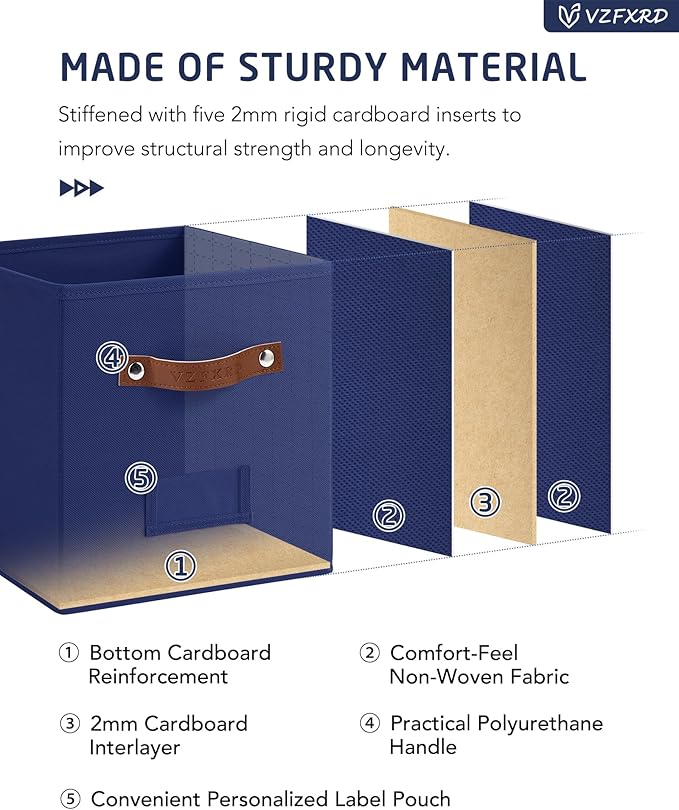 10.5 Inch Storage Cubes with Labels, 6-Pack Non-Woven Fabric Bins with Handles, Foldable Organizer for Closet, Shelf, Bedroom, Home Organization (Blue)