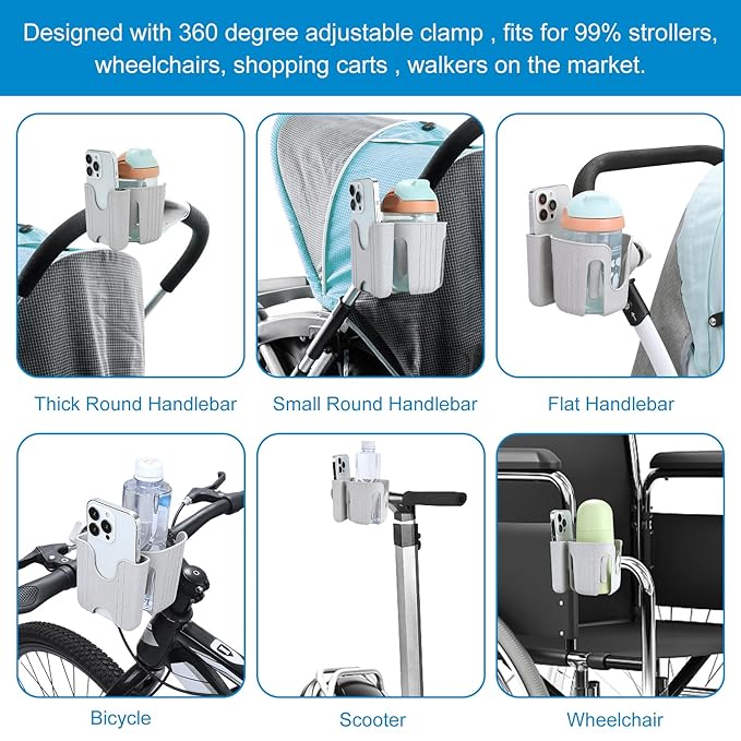 Accmor Universal Cup Holder, Stroller Cup Holder, 360° Rotatable Large Caliber Designed Bottle Phone Holder for Stroller, Bike, Wheelchair, Walker, Scooter
