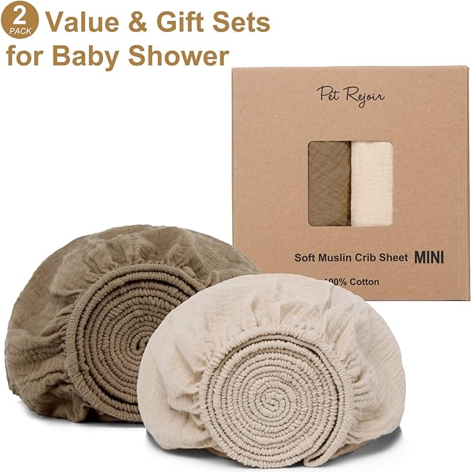 PET REJOIR Muslin Mini Crib Sheets for Girls & Boys-2 Pack 24"x 38" Soft Baby Mattress Sheets Fitted-No Slip Neutral Toddler Cotton Bedding-Nursery Décor Taupe Brown & Light Beige