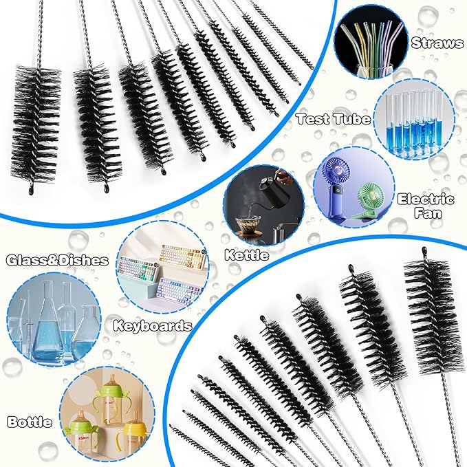 Ixiaoyoo Cleaning Brushes Set, 10 Pieces 8 Inch Nylon Tube Brush + 60 Inch Flexible Long Drain Brush, Hose Pipe Brush, Suitable for Home Kitchen, Bathroom, Fish Tank, Water Pump Accessories (Black)