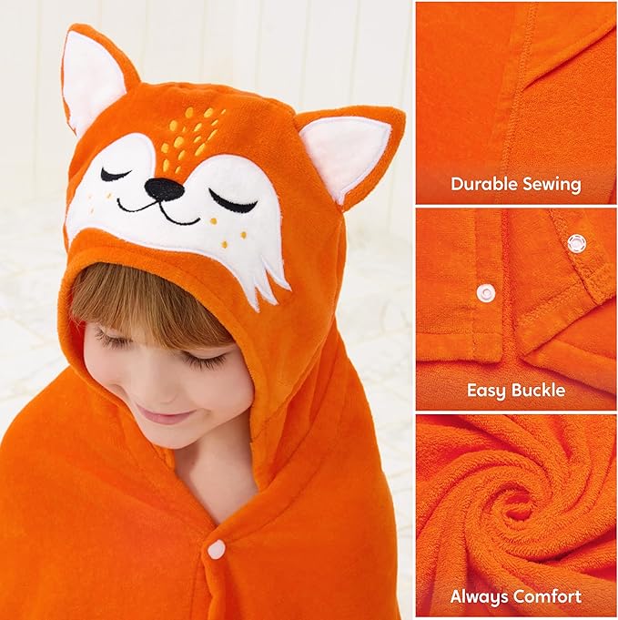 Joiedomi Hooded Towel for Kids Soft 100% Cotton Bath Beach Towel 30" x 50" for Kids 3-10 Years Toddler Pool Poncho with Hood Absorbent Swim Wrap for Boys Girls Orange Fox