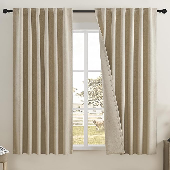 DUALIFE Taupe Room Darkening Curtains 72 Inches Long-Back Tab Rod Pocket Hook Belt Burlap Linen Natural Farmhouse Rustic Curtain Panels for Bedroom/Living Room,W50 x L72,Light Brown