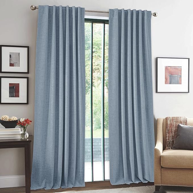 RYB HOME Linen Texture Curtains for Bedroom, 100% Blackout Thermal Insulated Curtains, Rod Pocket&Back Tab Room Darkening Drapes Luxury Decor for LivingRoom/Nursery, W52xL84, 2 Panels, Smoky Blue