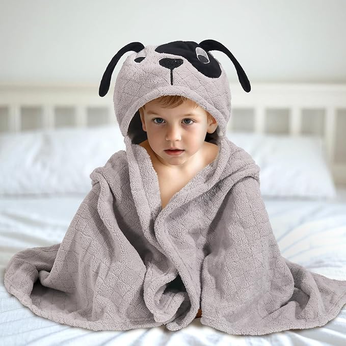 Baby Boy Bath Towels, Animal Hooded Toddler Towel for Boys,50 x 32 Inches,Super Soft Absorbent Premium Coral Fleece Luxuriously Thick for Kids,Grey Puppy