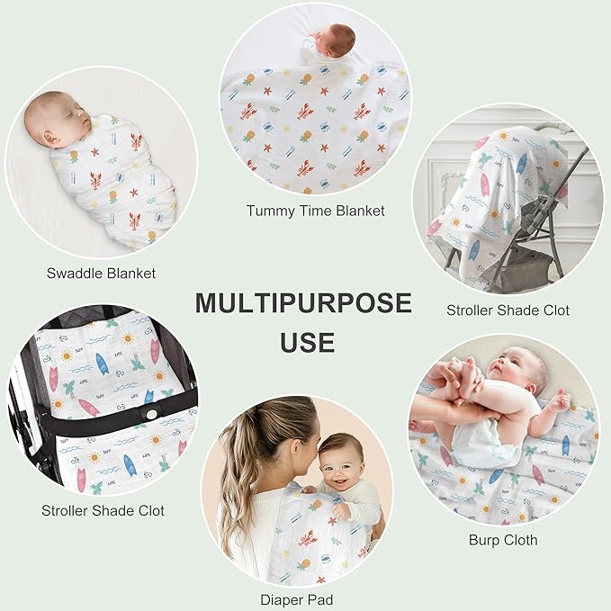Muslin Swaddle Blankets for Newborn, 2-Pack Breathable Receiving Baby Blanket, Large 47 x 47 Inches Swaddling Wrap for Boys and Girls (Beach Fun)