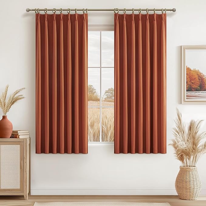 Fall Burnt Orange Curtains Blackout 54 Inches Long 2 Panels Set, Terracotta Autumn Color Decor Retro for Living Room/Bedroom Antique Copper Rust Boho 70s Window Pinch Pleated Linen Drapes (W40"xL54")