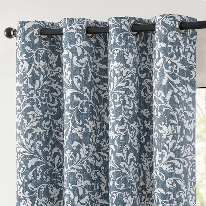 jinchan Blackout Curtains for Bedroom, Blue Scroll Floral Patterned Curtains 108 Inch Length for Living Room, Farmhouse Vintage Art Deco Drapes, Thermal Insulated Window Curtains Grommet 2 Panels