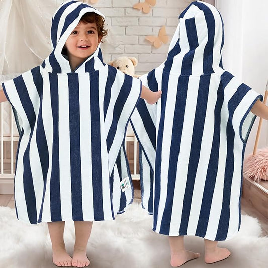 Toddler Poncho Towels with Hood, Oversized (2-4Years,22"X22") Made from 100% Soft Cotton,Absorbent Hooded Towels for Baby Boys,Perfect for Pool | Swimming | Bath | Beach,Navy Blue Stripe