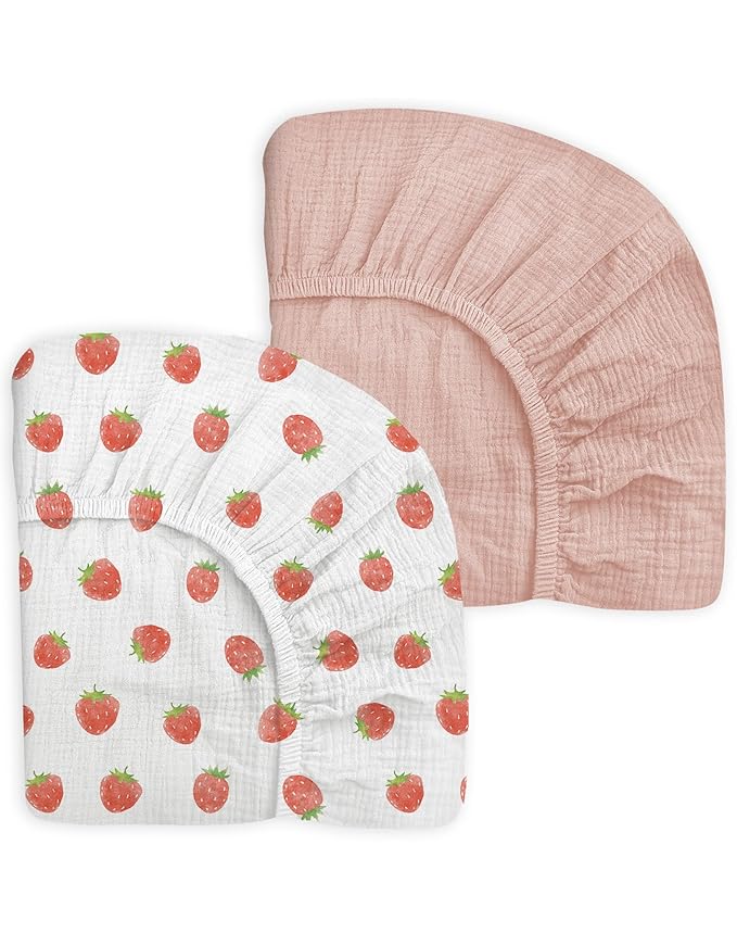 Pack and Play Sheets for Baby Boy and Girl 2 Pack, Neutral Muslin Cotton Pack N Play Mattresses Sheet 27"x39", Muslin Nursery Bedding Soft and Breathable Comfort (Strawberry & Pale Pink)
