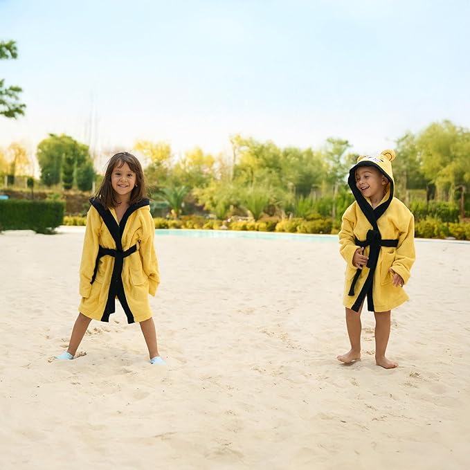 BAGNO MILANO Kids Organic Turkish Cotton Hooded Beach Cover-Up Towel, GOTS Certified, for Boys and Girls (Tiger Yellow, 5-6 Years)