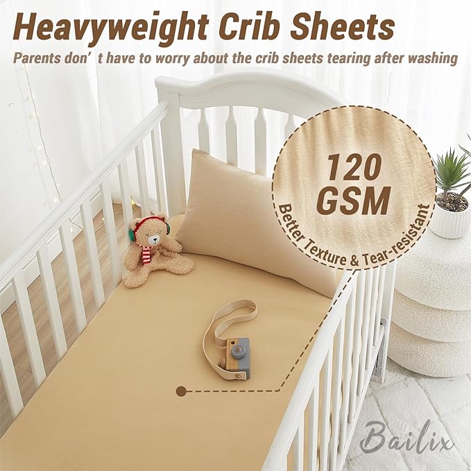 Heavyweight Muslin Baby Crib Sheets - 2PCS 52"x28" Neutral Fitted Crib Sheets for Boys Girls, Breathable Soft 100% Organic Cotton Standard Baby Mattress Sheet (Cream, Coffee)