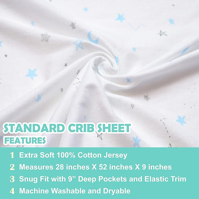 American Baby Company 2 Pack 100% Natural Cotton Fitted Crib Sheets 52" x 28" - Soft, Breathable, Hypoallergenic & Gentle Toddler Bed Sheets, Blue Stars and Blue, Neutral for Boys & Girls