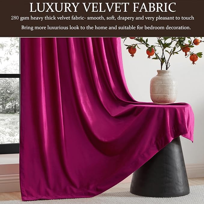 100% Full Blackout Hot Pink Velvet Curtains 72 inch Long for Living Room,Set of 2 Liner Rod Pocket Back Tab Thermal Window Curtains Room Darkening Heavy Decorative Curtains Drapes for Bedroom
