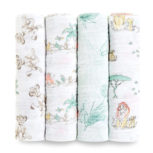 aden + anais Disney Swaddle Blanket, Boutique Muslin Blankets for Girls & Boys, Baby Receiving Swaddles, Ideal Newborn & Infant Swaddling Set, 4 Pack, Lion King