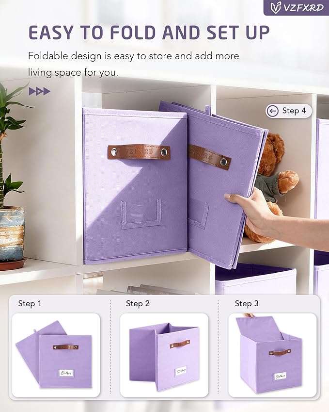 13 Inch Cube Storage Bin Fabric Basket with Handles and Labels, Cube Storage Organizer for Closet, Bedroom, Living Room (Purple,6 Pack)